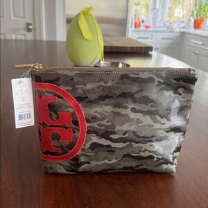 Tory Burch Green Camo Toiletry Pouch with Red Logo